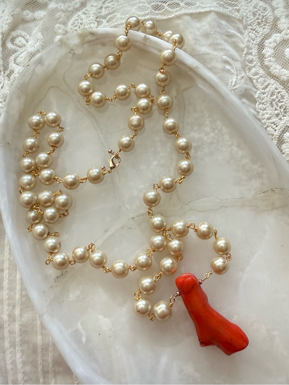 Faux Pearl Bead Necklace with Red Coral Pendant; Gold Plated Accents